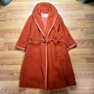 Vtg Wool Coat 1960s Bonnie Cashin x Irene Sargent Shawl Pumpkin Leather Trim